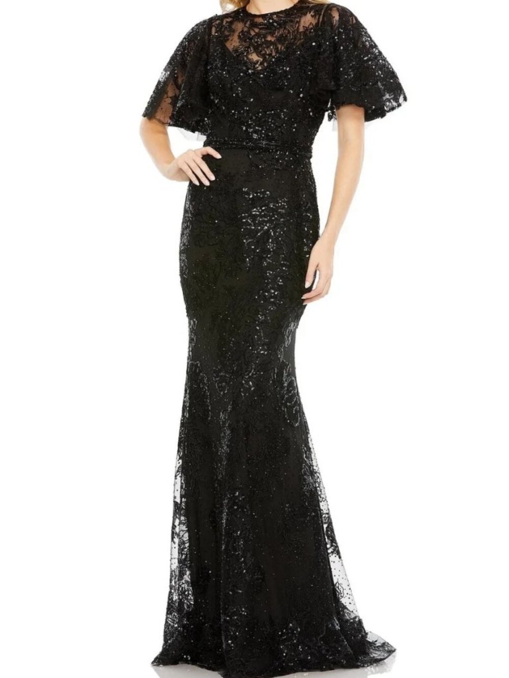 Mac Duggal Black Embellished Illusion High Neck Flutter Sleeve Gown